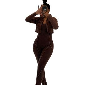 Chic Ribbed Jumpsuit with Cropped Jacket Set-(Brown)